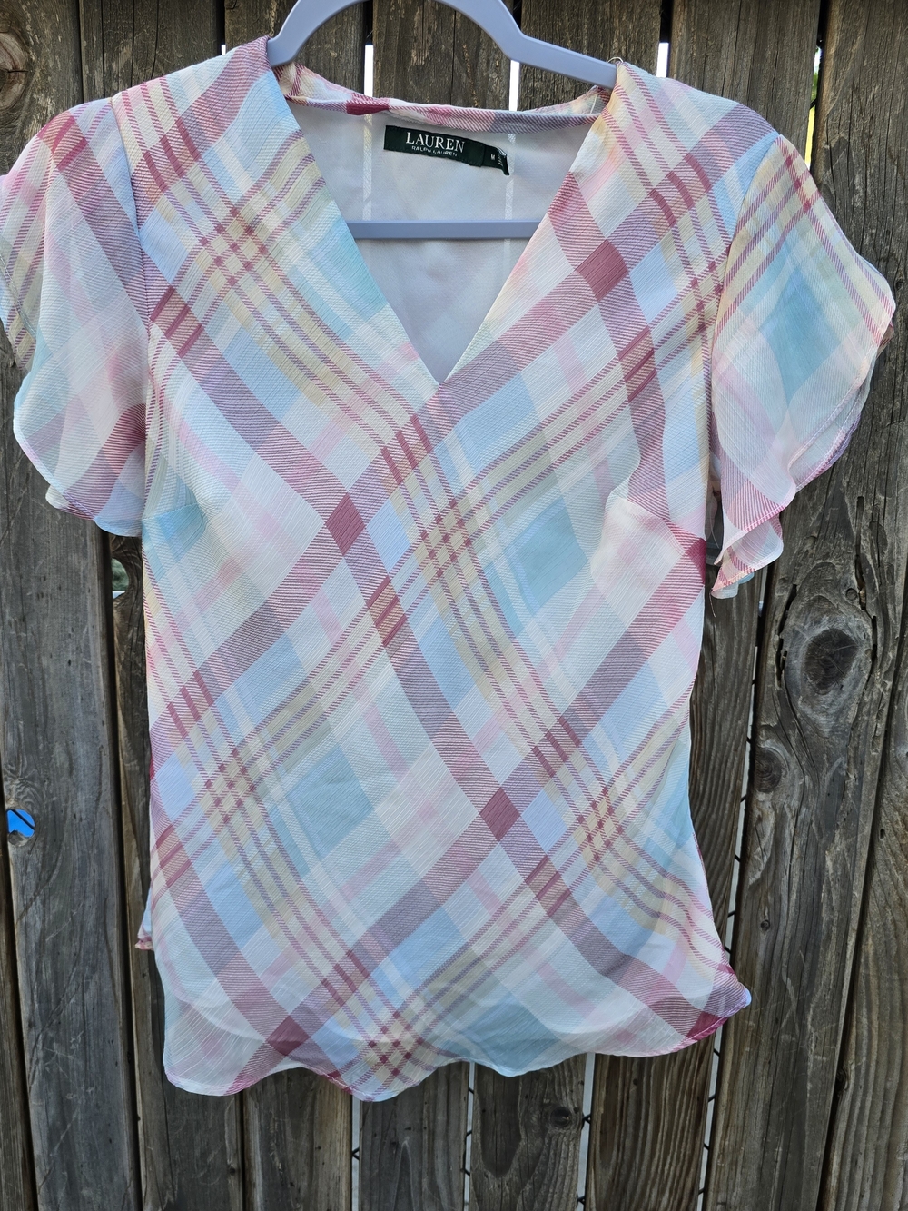 Lauren Ralph Lauren Women’s Pastel Plaid V Neck Short Sleeve Top Brand Size M